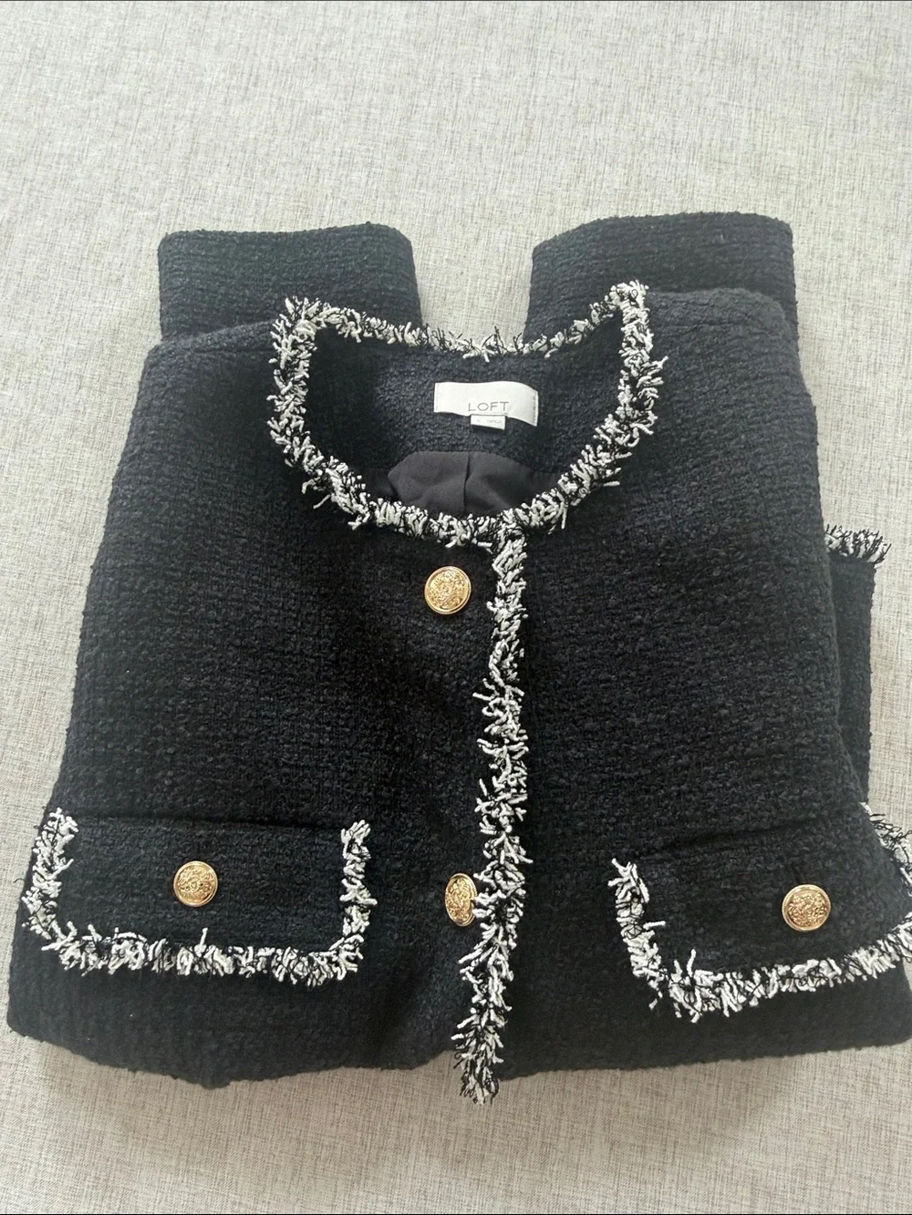 LOFT Tweed Jacket Women’s Large Black Textured Cropped Contrast Fringe Trim